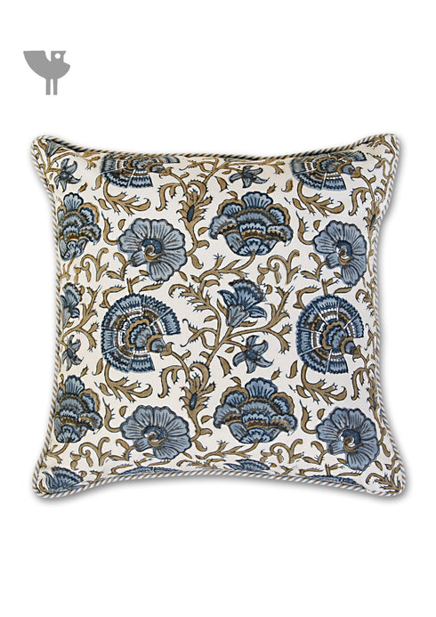 20s Cotton Cushion Cover in Floral Block Print with Piping