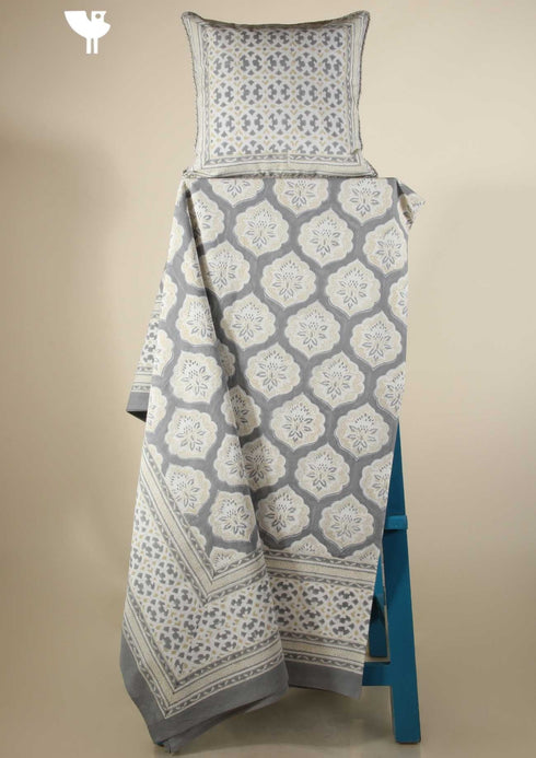 20s Cotton Bed Cover In Cloud Grey And Sandy Beige Geometric Block Print