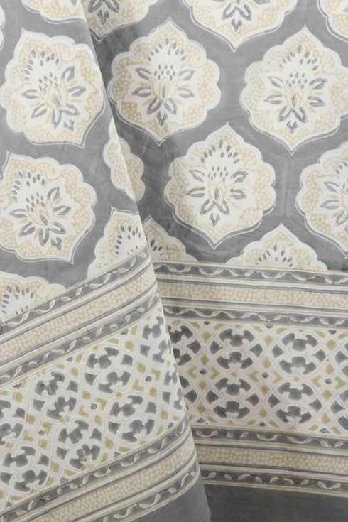 20s Cotton Bed Cover In Cloud Grey And Sandy Beige Geometric Block Print