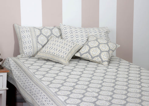 20s Cotton Bed Cover In Cloud Grey And Sandy Beige Geometric Block Print