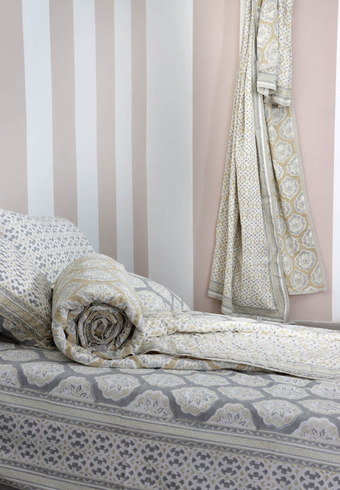 20s Cotton Bed Cover In Cloud Grey And Sandy Beige Geometric Block Print