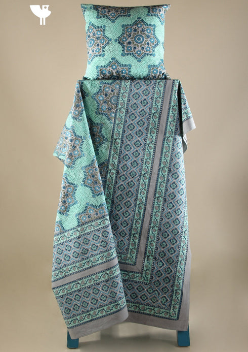 20s Cotton Bed Cover In Mint Green and Slate Grey Geometric Floral Block Print
