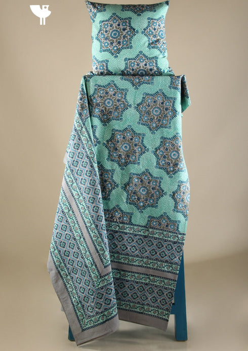 20s Cotton Bed Cover In Mint Green and Slate Grey Geometric Floral Block Print