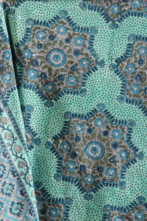 20s Cotton Bed Cover In Mint Green and Slate Grey Geometric Floral Block Print