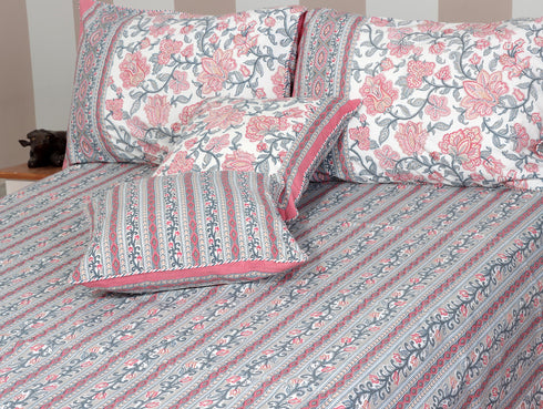 20s Cotton Bed Cover In Cloud Grey and Rose Pink Floral Print