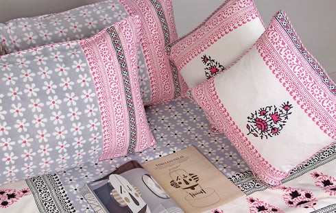 20s Cotton Bed Cover In Floral BlockPrint