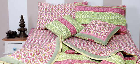 20s Cotton Bed Cover In Geometric Block Print