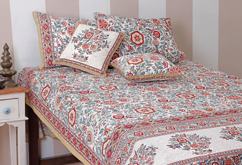 20s Cotton Bed Cover In Indian Blue and Brick Red Floral Print