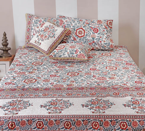 20s Cotton Bed Cover In Indian Blue and Brick Red Floral Print