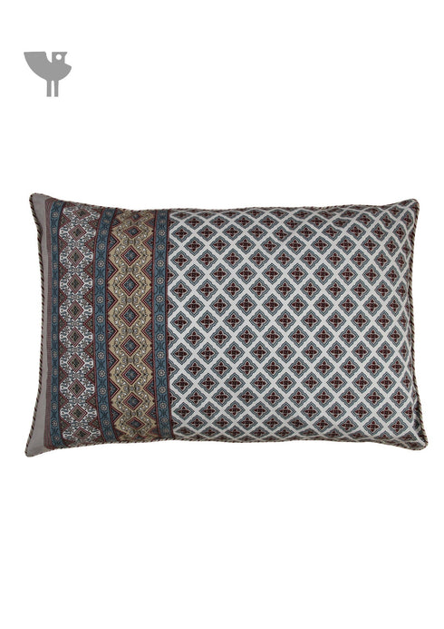 40s Cotton Pillow Cover In Grey, Bordeaux Red and Steel Blue Floral Block Print