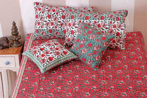 40s Cotton Pillow Cover in Floral Block Print