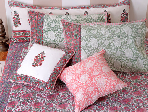 40s Cotton Pillow Cover in Floral Block Print