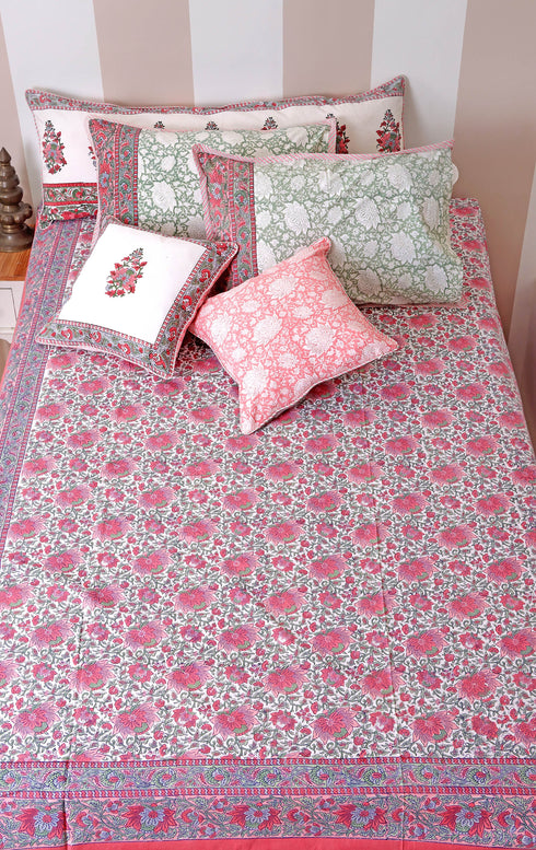40s Cotton Pillow Cover in Floral Block Print
