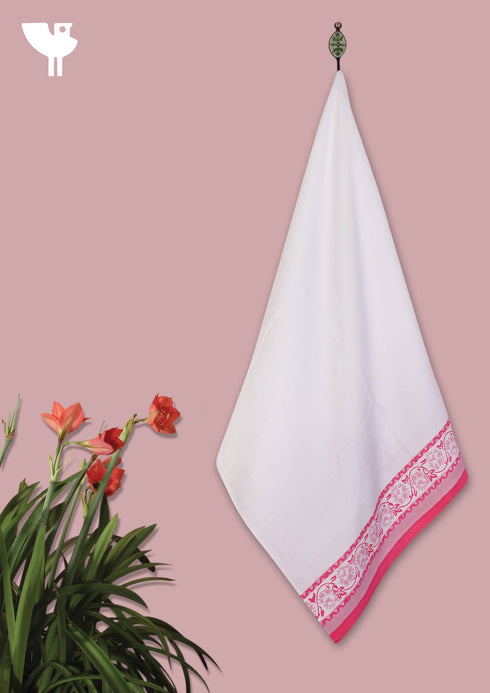 Handloom Cotton Bath Towel With Block Printed Border
