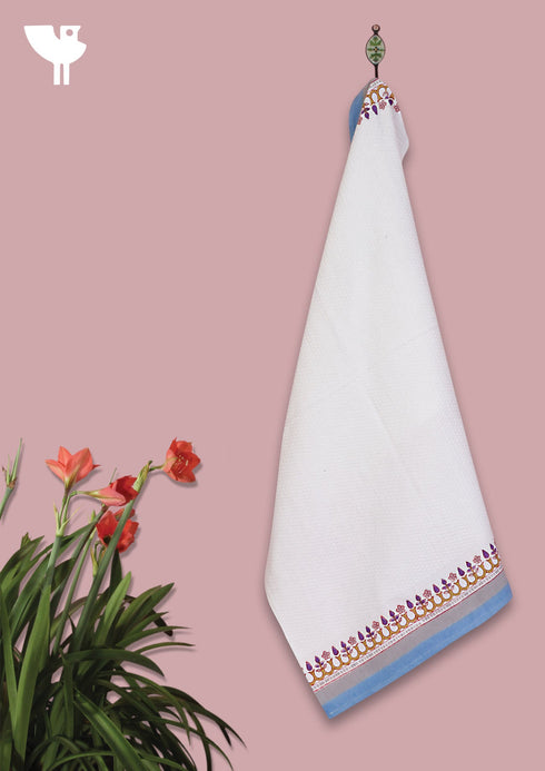 Handloom Cotton Hand Towel With Block Printed Border