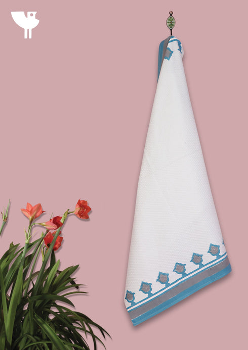 Handloom Cotton Hand Towel With Block Printed Border