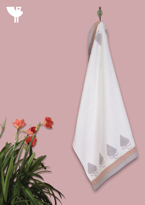 Handloom Cotton Hand Towel With Block Printed Border