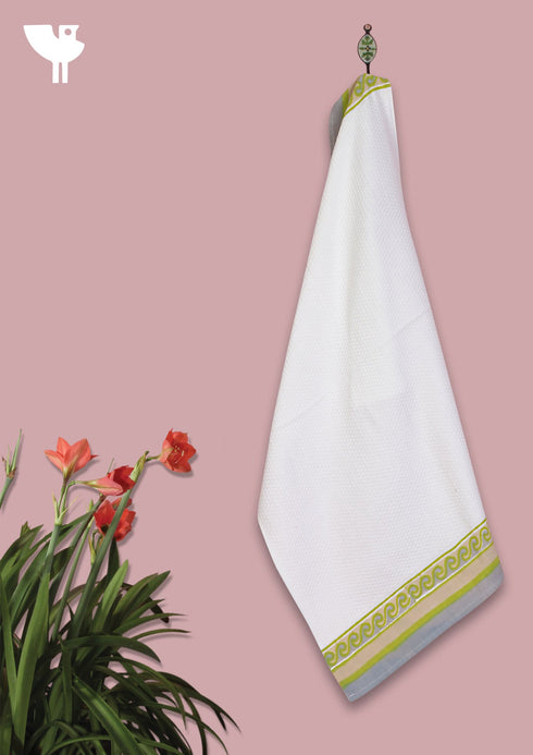 Handloom Cotton Hand Towel With Block Printed Border