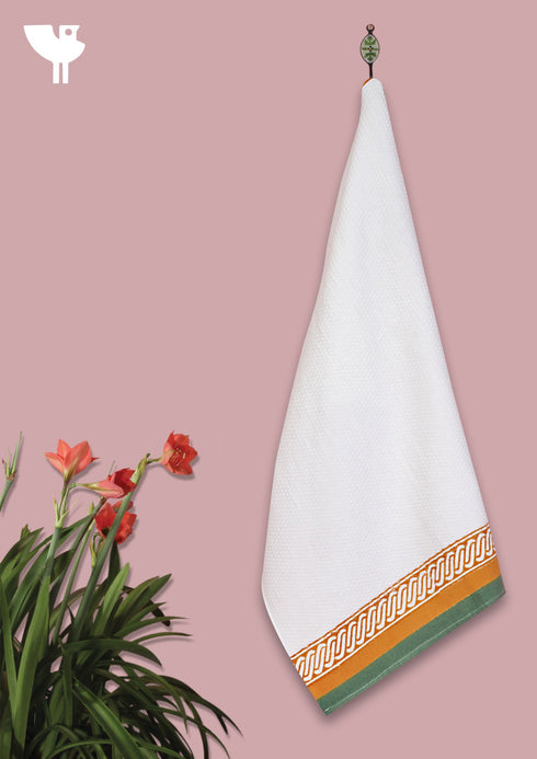 Handloom Cotton Hand Towel With Block Printed Border