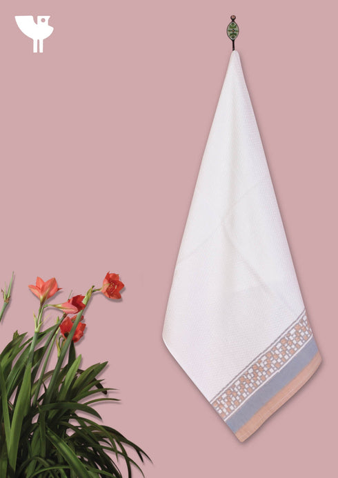 Handloom Cotton Hand Towel With Block Printed Border