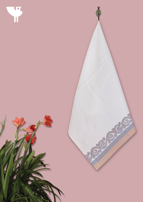 Handloom Cotton Hand Towel With Block Printed Border