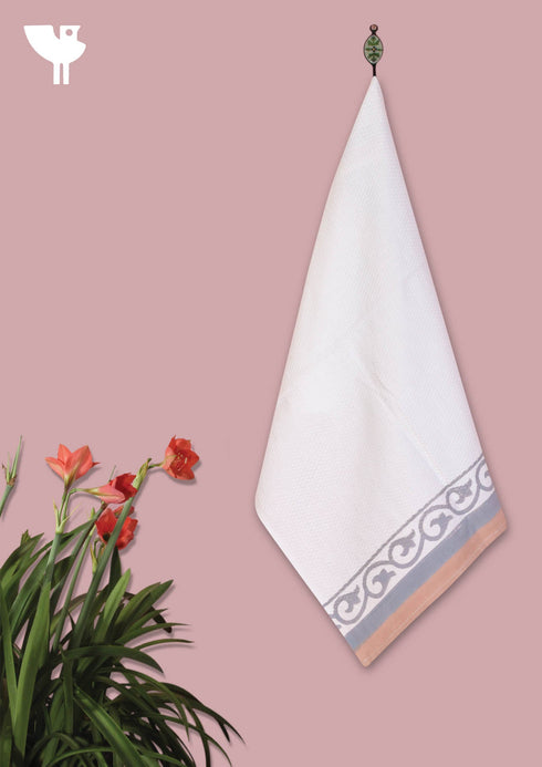 Handloom Cotton Hand Towel With Block Printed Border