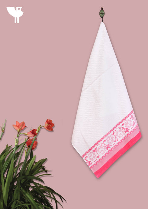 Handloom Cotton Hand Towel With Block Printed Border