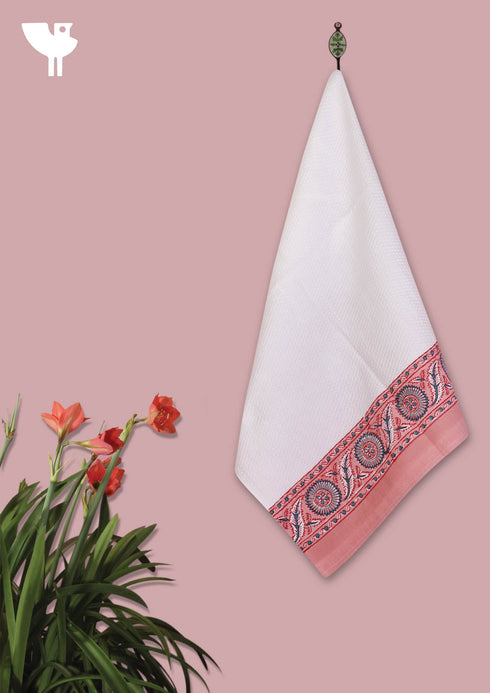 Handloom Cotton Hand Towel With Block Printed Border