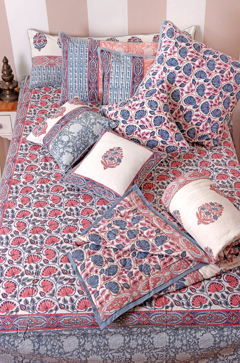 20s Cotton KING SIZE Bed Cover In Floral Block Print