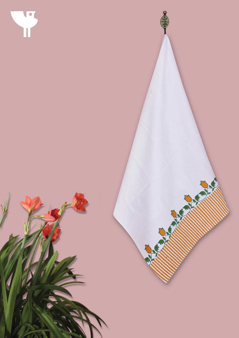 Handloom Cotton Bath Towel With Block Print Border
