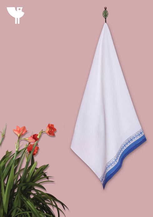 Handloom Cotton Bath Towel With Block Print Border