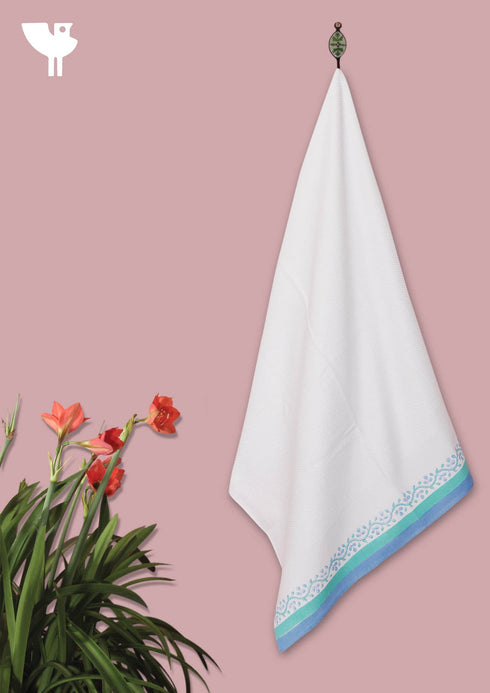 Handloom Cotton Bath Towel With Block Print Border