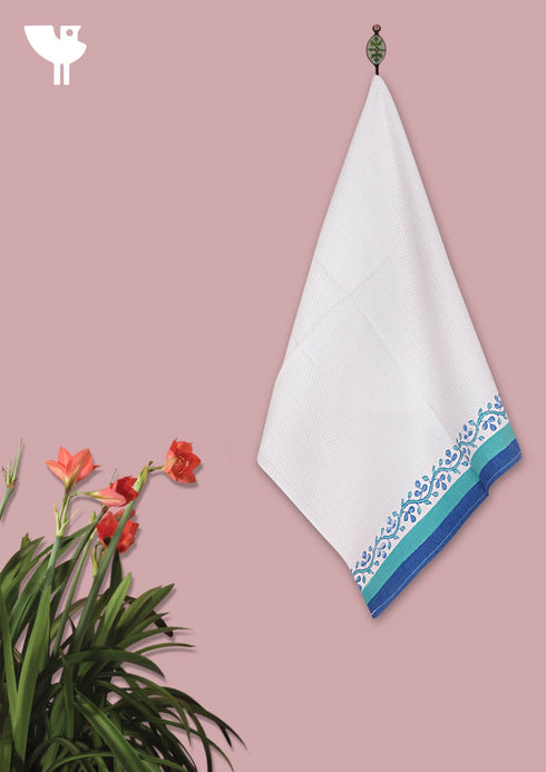 Handloom Cotton Hand Towel With Block Print Border