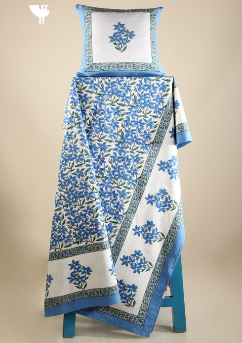 Cotton Bedspread With Floral Block Print in Blue on White Base