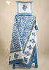Cotton Bedspread With Floral Block Print in Blue on White Base