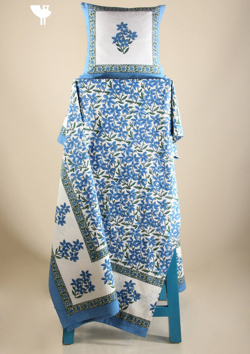 Cotton Bedspread With Floral Block Print in Blue on White Base