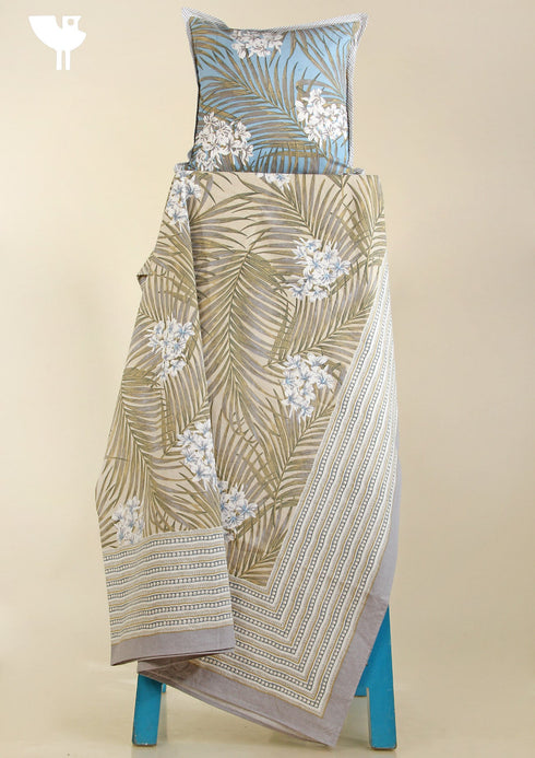 20s Cotton Bed Cover In Beige And Cloud Grey Foliage Print