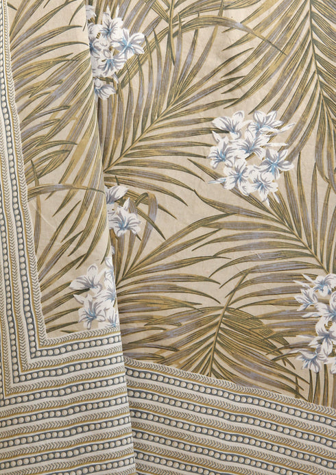 20s Cotton Bed Cover In Beige And Cloud Grey Foliage Print