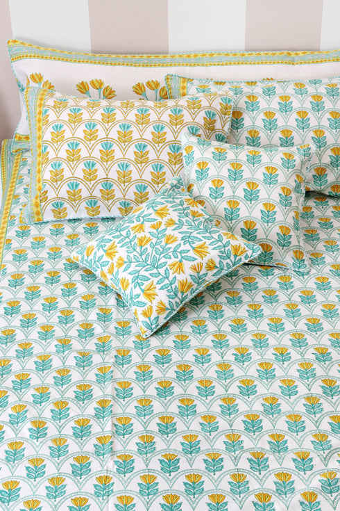 40’s Cotton Pillow Cover In Floral Block Print