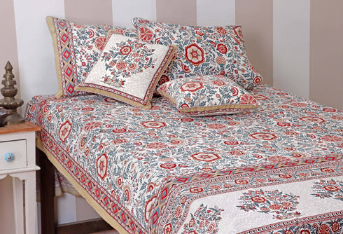 20s Cotton Cushion Cover In Indian Blue and Brick Red Floral Print