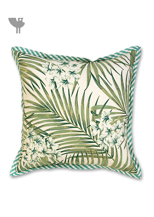 20s Cotton Cushion Cover In Ecru And Emerald Green Foliage Print