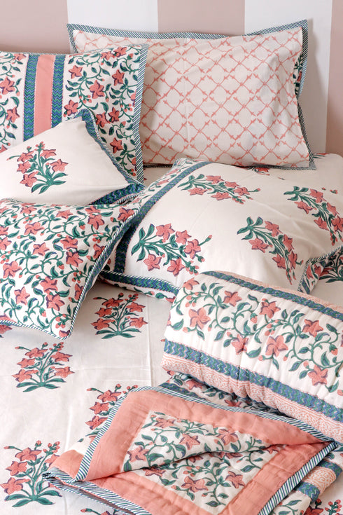 20s Cotton KING SIZE Bed Cover In Floral Block Print