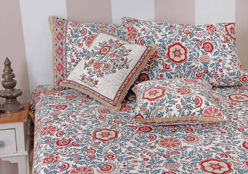20s Cotton Cushion Cover In Indian Blue and Brick Red Floral Print