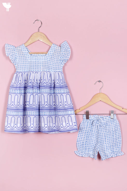 Cotton Frock & Shorts Set In Block Print