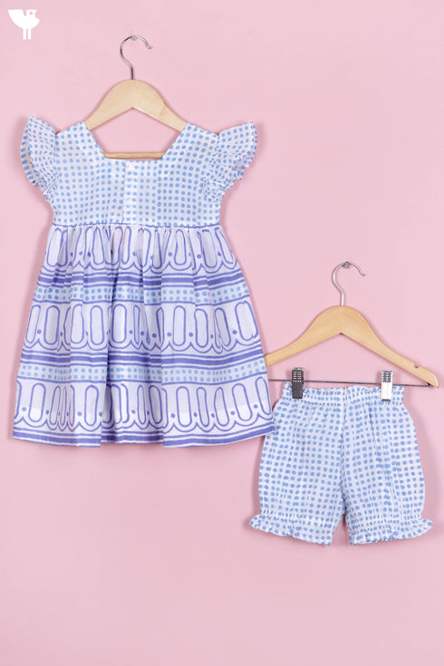 Cotton Frock & Shorts Set In Block Print