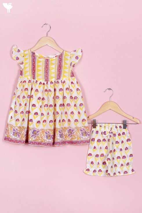 Cotton Frock & Shorts Set In Floral Block Print