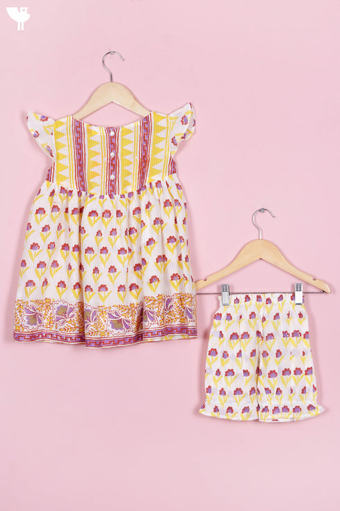 Cotton Frock & Shorts Set In Floral Block Print
