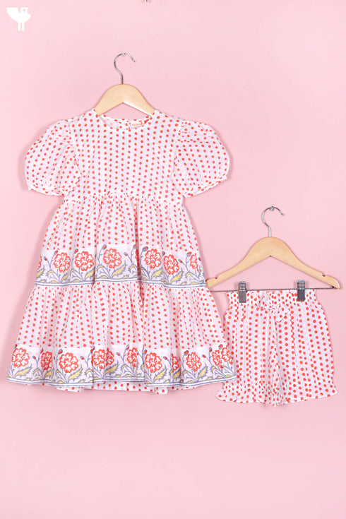 Cotton Frock & Shorts Set In Block Print