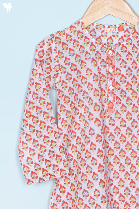 Cotton Boys Kurta Pajama Set With Vest In Floral Block Print