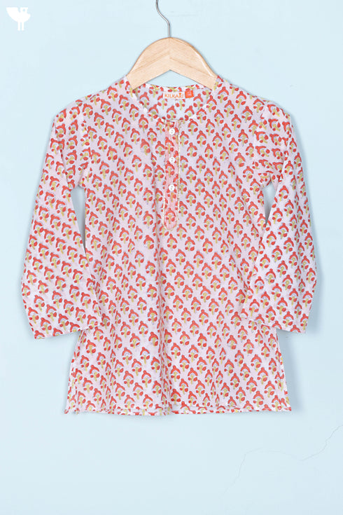 Cotton Boys Kurta Pajama Set With Vest In Floral Block Print